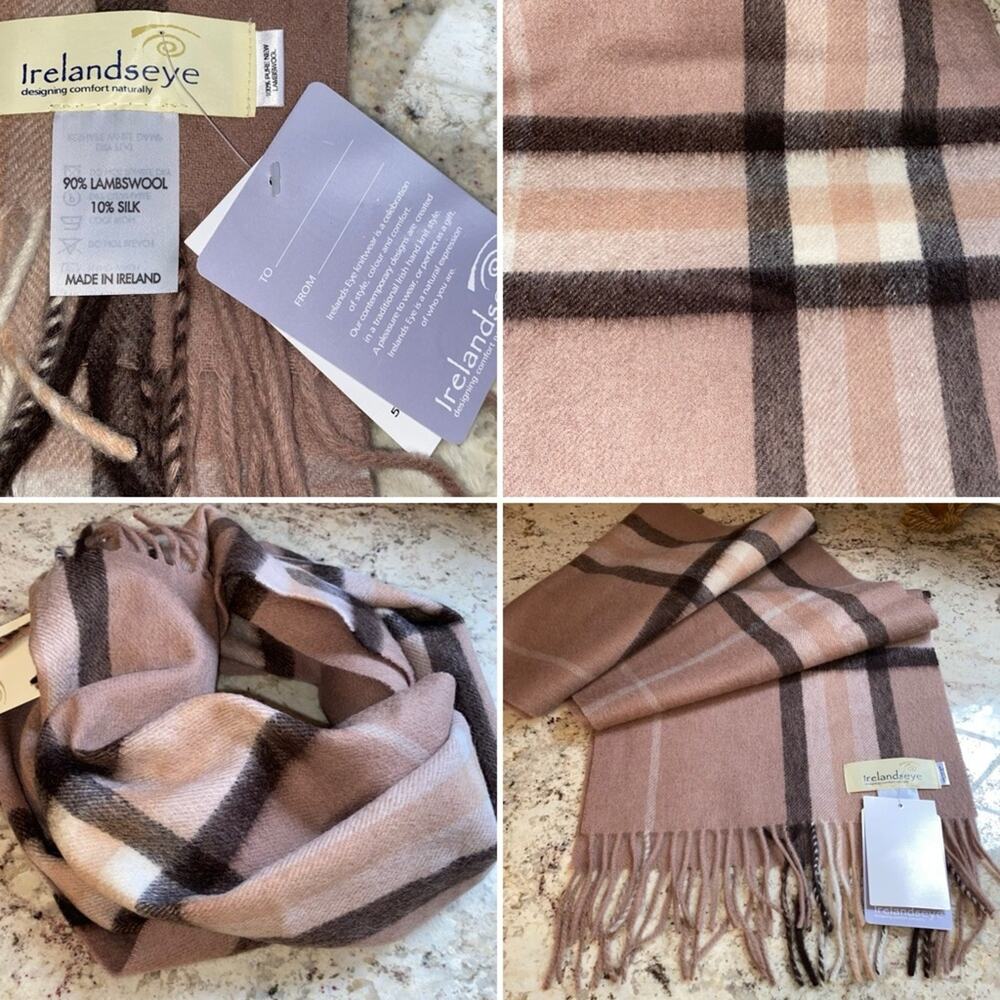 New $110 Ireland’s Eye Wool & Silk Tan Black Plaid Tartan Scarf NWT